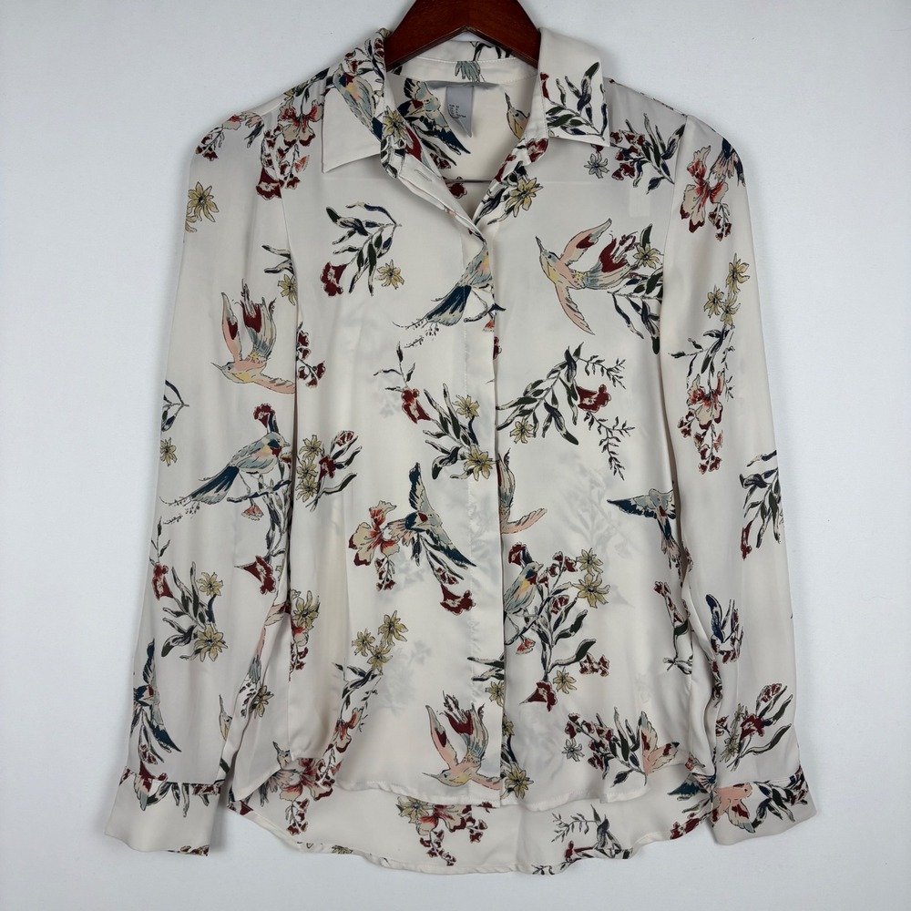 H&M Button Down Blouse Bird Print Long Sleeve‎ Floral Top